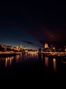 Preview wallpaper river, city, night, lights, reflection, dark