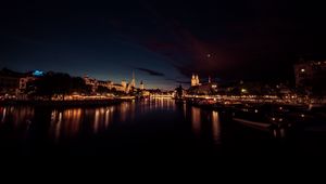 Preview wallpaper river, city, night, lights, reflection, dark