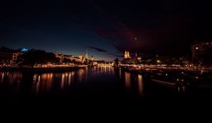 Preview wallpaper river, city, night, lights, reflection, dark