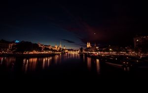 Preview wallpaper river, city, night, lights, reflection, dark