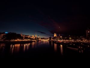 Preview wallpaper river, city, night, lights, reflection, dark