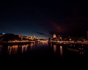 Preview wallpaper river, city, night, lights, reflection, dark