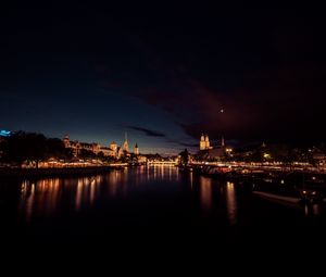 Preview wallpaper river, city, night, lights, reflection, dark