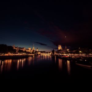 Preview wallpaper river, city, night, lights, reflection, dark