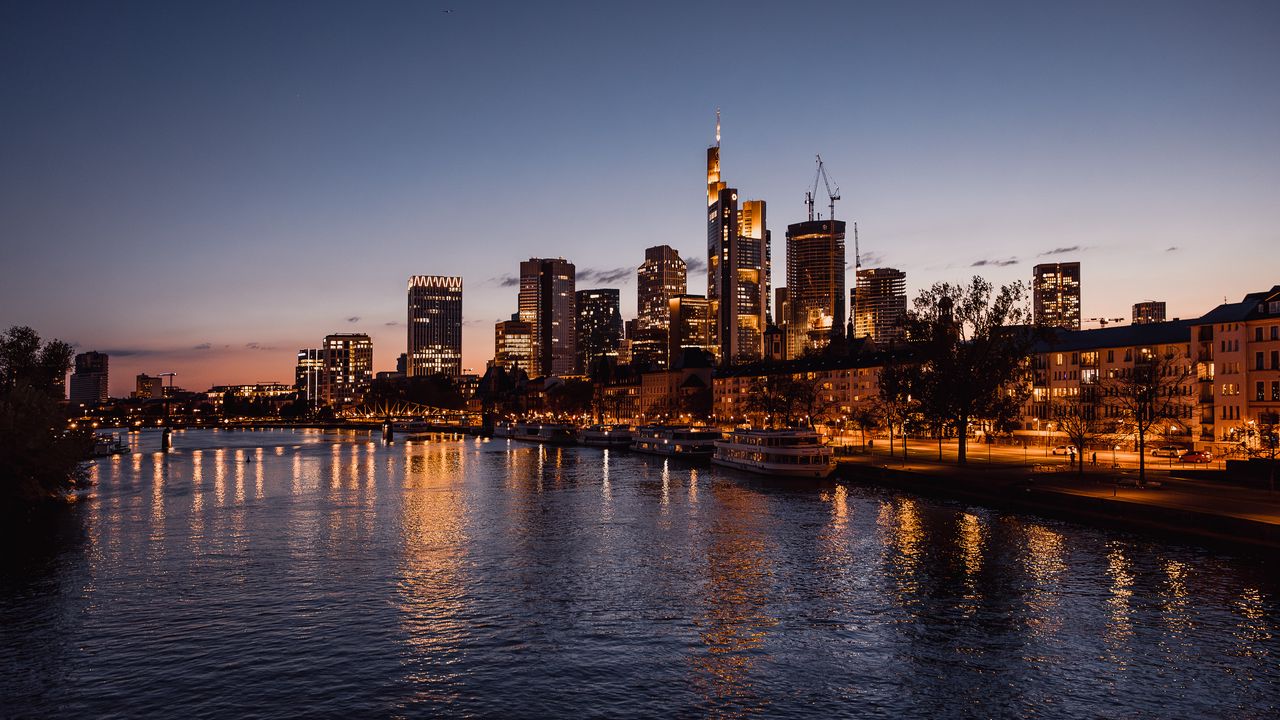 Wallpaper river, city, night, lights, frankfurt, germany