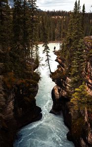 Preview wallpaper river, cliff, trees, rocks, silhouette, nature