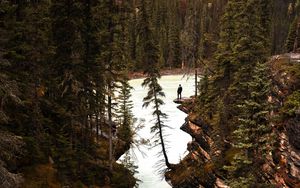 Preview wallpaper river, cliff, trees, rocks, silhouette, nature