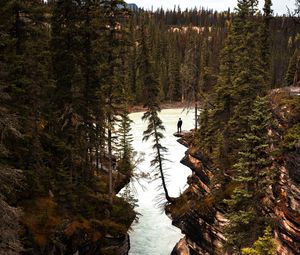 Preview wallpaper river, cliff, trees, rocks, silhouette, nature