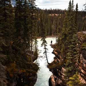 Preview wallpaper river, cliff, trees, rocks, silhouette, nature