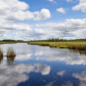 Preview wallpaper river, clouds, reflection, field, landscape