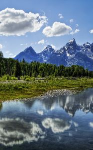 Preview wallpaper river, clouds, reflection, mountains, wood, harmony, brightly