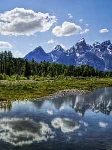 Preview wallpaper river, clouds, reflection, mountains, wood, harmony, brightly