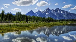 Preview wallpaper river, clouds, reflection, mountains, wood, harmony, brightly