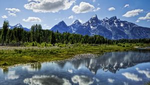 Preview wallpaper river, clouds, reflection, mountains, wood, harmony, brightly