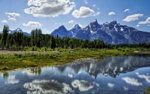 Preview wallpaper river, clouds, reflection, mountains, wood, harmony, brightly
