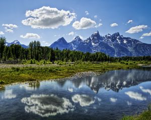 Preview wallpaper river, clouds, reflection, mountains, wood, harmony, brightly