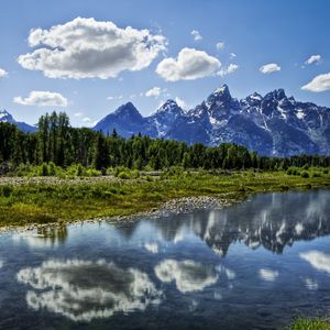 Preview wallpaper river, clouds, reflection, mountains, wood, harmony, brightly