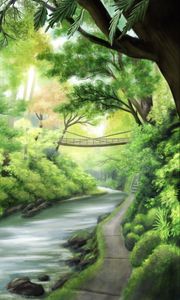 Preview wallpaper river, coast, bridge, trees, art
