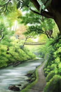 Preview wallpaper river, coast, bridge, trees, art