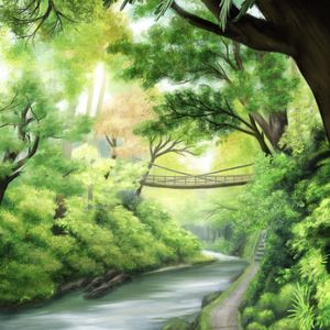 Preview wallpaper river, coast, bridge, trees, art