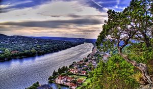 Preview wallpaper river, coast, city, tree, country houses, height