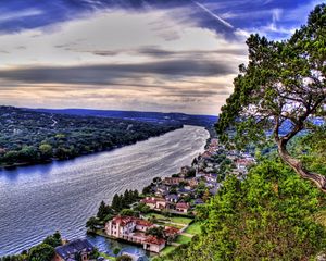 Preview wallpaper river, coast, city, tree, country houses, height