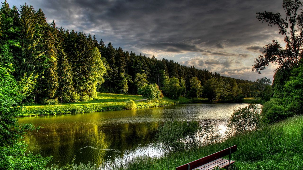 Wallpaper river, coast, grass, bench, summer, beautiful, calm