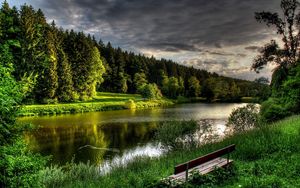 Preview wallpaper river, coast, grass, bench, summer, beautiful, calm