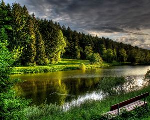 Preview wallpaper river, coast, grass, bench, summer, beautiful, calm