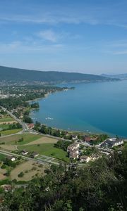 Preview wallpaper river, coast, hill, town, nature