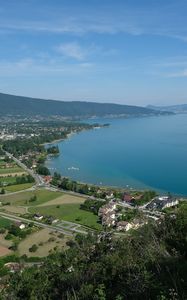 Preview wallpaper river, coast, hill, town, nature