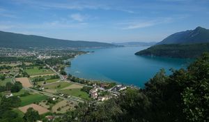Preview wallpaper river, coast, hill, town, nature