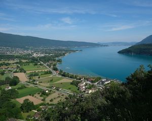Preview wallpaper river, coast, hill, town, nature