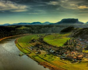 Preview wallpaper river, coast, houses, constructions, height, greens