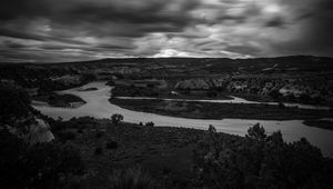 Preview wallpaper river, coast, landscape, black and white