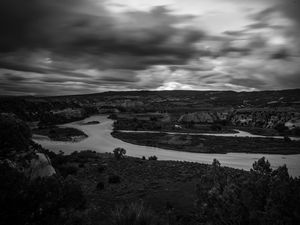 Preview wallpaper river, coast, landscape, black and white