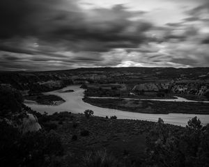 Preview wallpaper river, coast, landscape, black and white