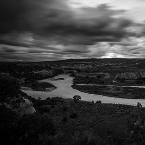 Preview wallpaper river, coast, landscape, black and white