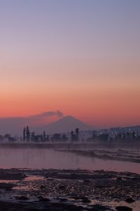 Preview wallpaper river, coast, mountains, trees, evening