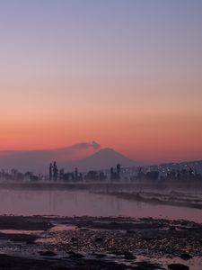 Preview wallpaper river, coast, mountains, trees, evening