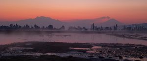 Preview wallpaper river, coast, mountains, trees, evening