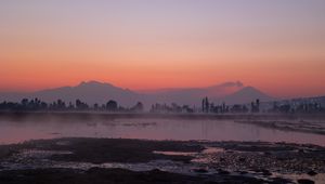 Preview wallpaper river, coast, mountains, trees, evening