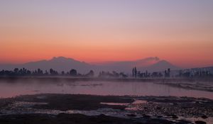 Preview wallpaper river, coast, mountains, trees, evening