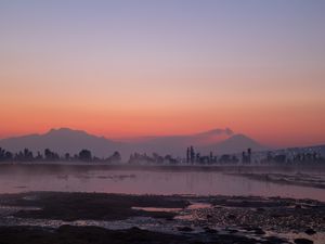 Preview wallpaper river, coast, mountains, trees, evening