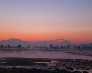 Preview wallpaper river, coast, mountains, trees, evening