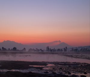 Preview wallpaper river, coast, mountains, trees, evening