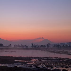 Preview wallpaper river, coast, mountains, trees, evening