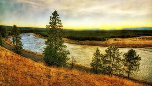 Preview wallpaper river, coast, pines, road, colors, paints, autumn, grass, faded