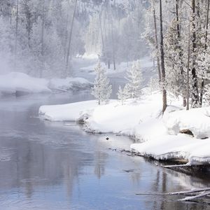 Preview wallpaper river, coast, snow, trees, mountain