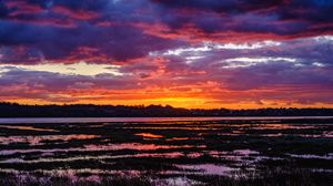 Preview wallpaper river, coast, sunset, clouds, dark